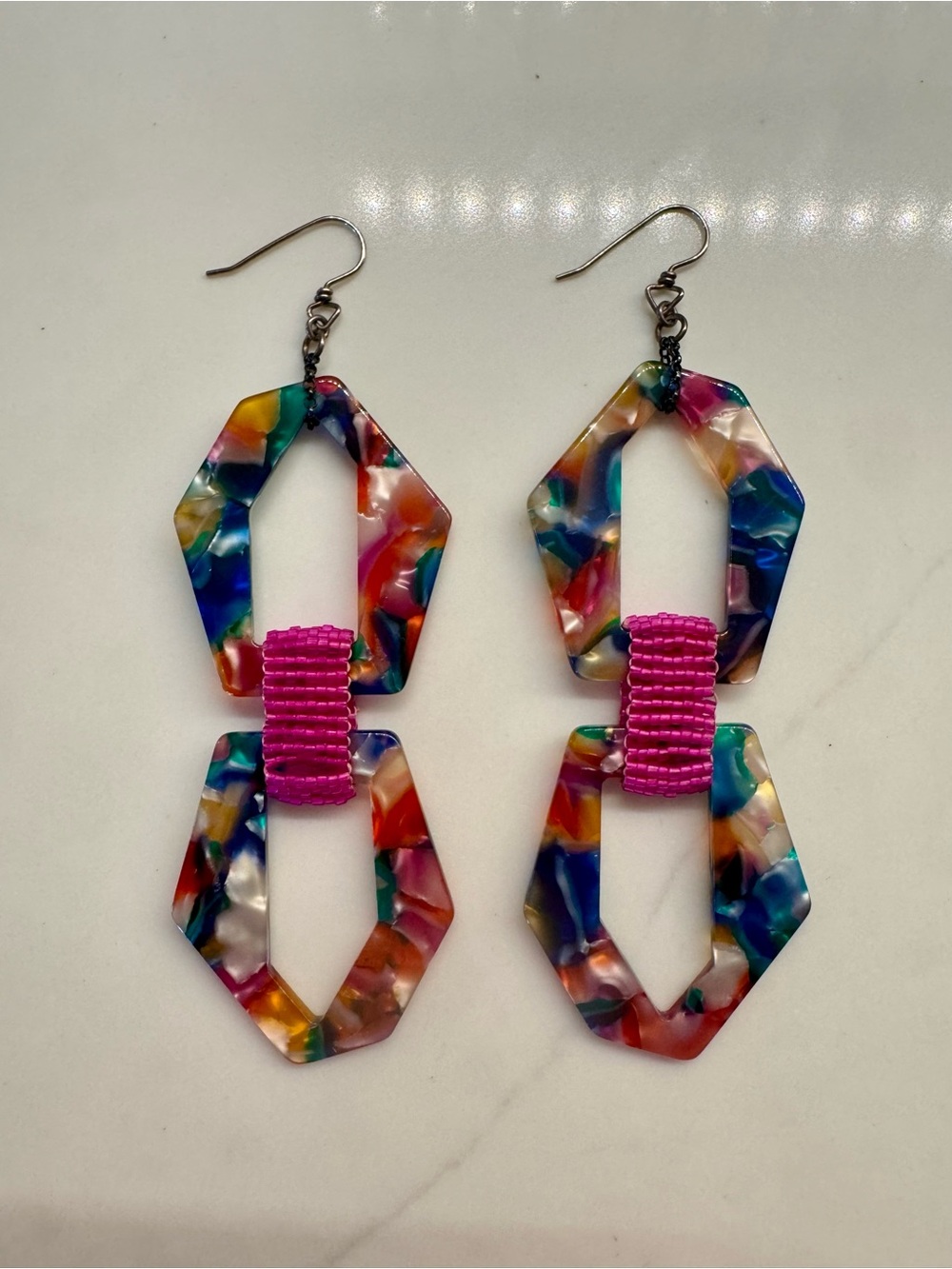 Colorful Resin Double-Hex Drop Earrings with Pink Beaded Accent
